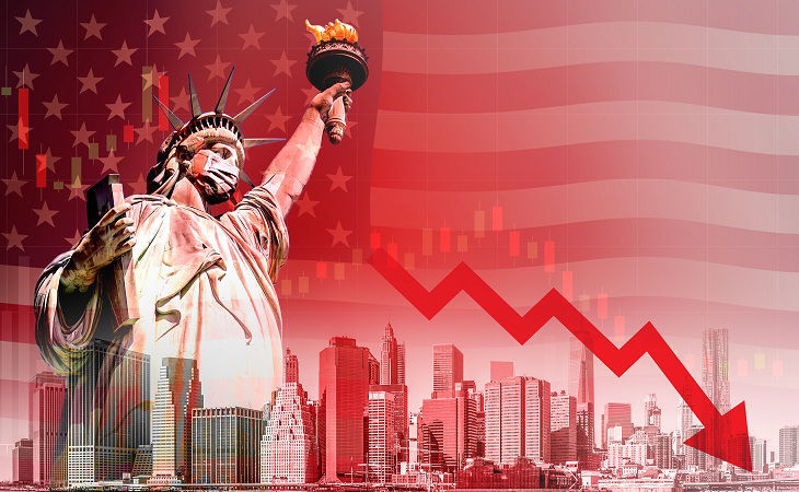 Concept of economic recession during the coronavirus outbreak in United States, downtrend stock with red arrow and The Statue of Liberty with mask background; Shutterstock ID 1670166322; purchase_order: BOT; job: ; client: ; other: 