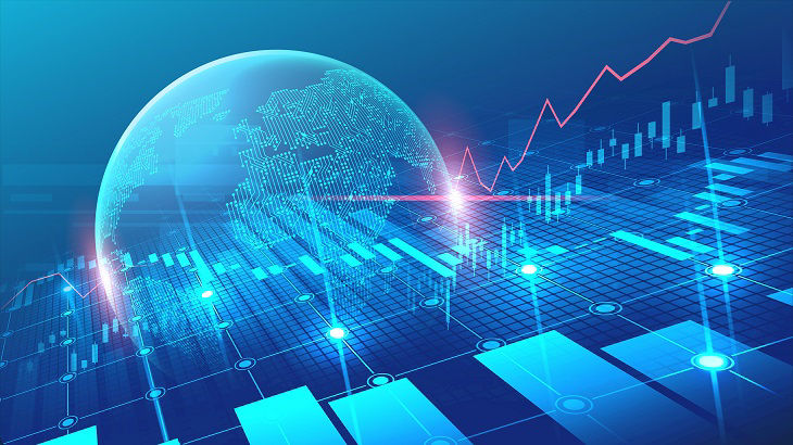 World map with graph in futuristic concept suitable for financial investment or Economic trends business idea and all art work design. Abstract finance background