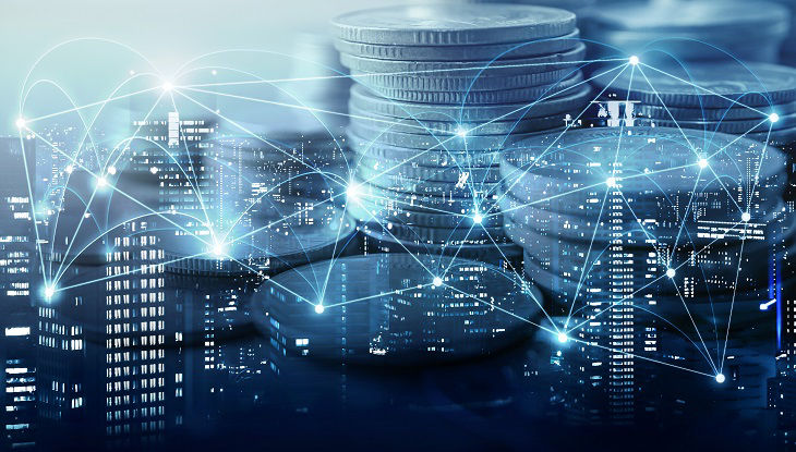 Double exposure of city , network or connection and rows of coins for finance and business concept