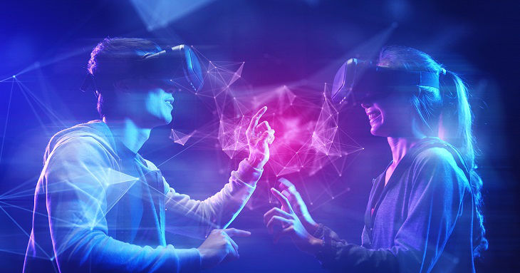 Future digital technology cyber virtual game entertainment metaverse, Teenager having fun play game VR virtual reality goggle, sport game 3D cyber space futuristic metaverse neon colorful background, 