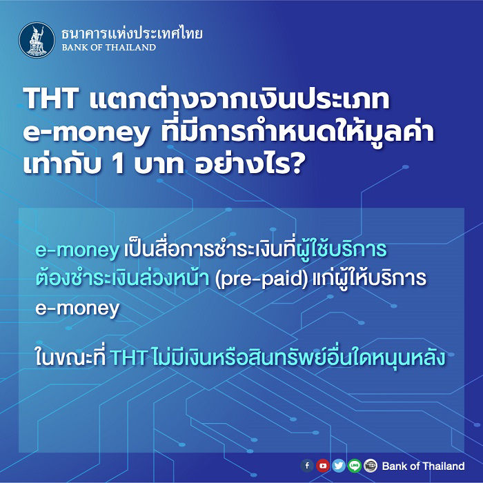 THT แตกต่างจากเงินประเภท e-money ที่มีการกำหนดให้มูลค่าเท่า 1 บาท อย่างไร