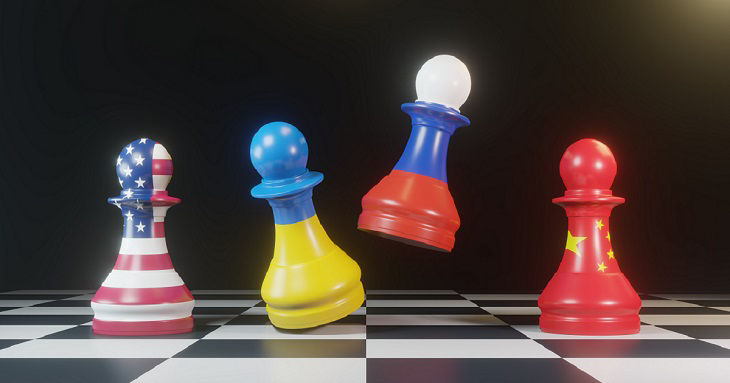 Battle pawn chess between Russia and Ukraine with USA and China chess standing for both countries political conflict and war concept by 3d rendering technique. 3d render illustration
