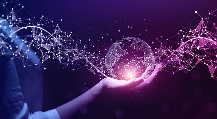 Metaverse Technology.Next generation technology.Global networking connection,science, innovation and communication technology.Hand holding earth globe with data exchanges on connection technology.; Shutterstock ID 2083390783; purchase_order: BOT; job: ; client: ; other: 