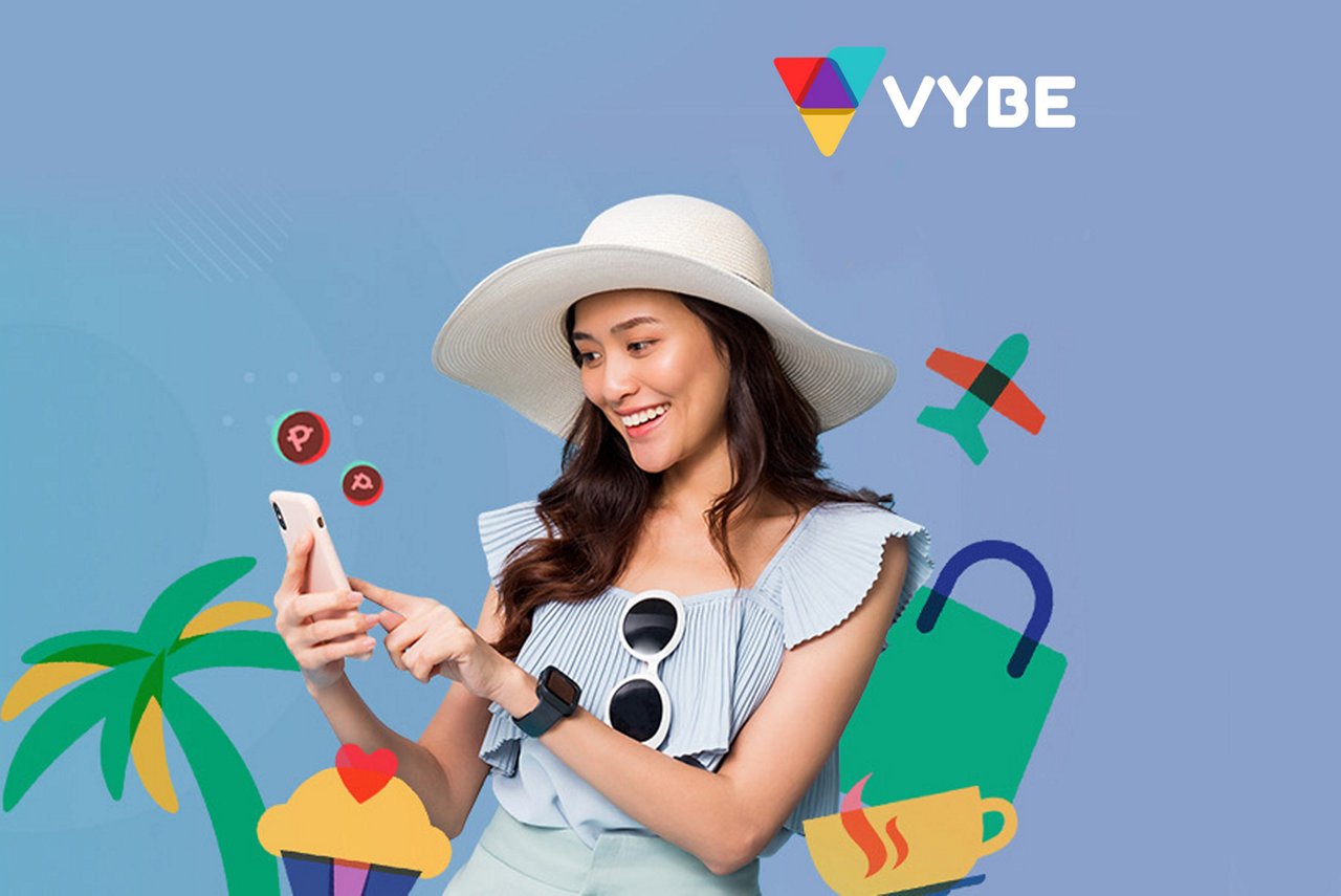 A young woman using her phone with graphics in the background