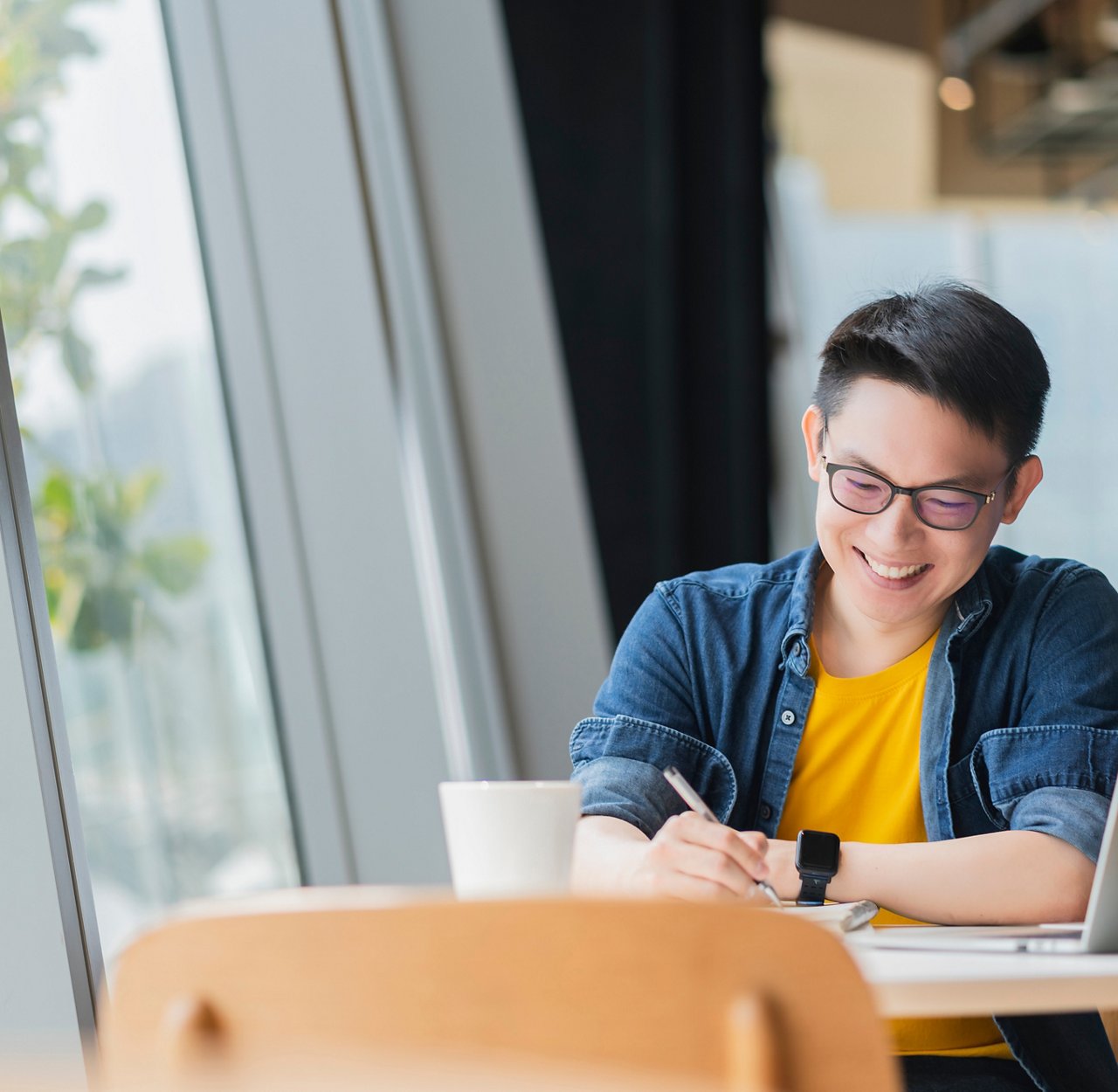 Smart attractive positive asian business male wearing glasses work remote new normal lifestyle hand use laptop tele conference onlive videocall meeting remote business ideas concept