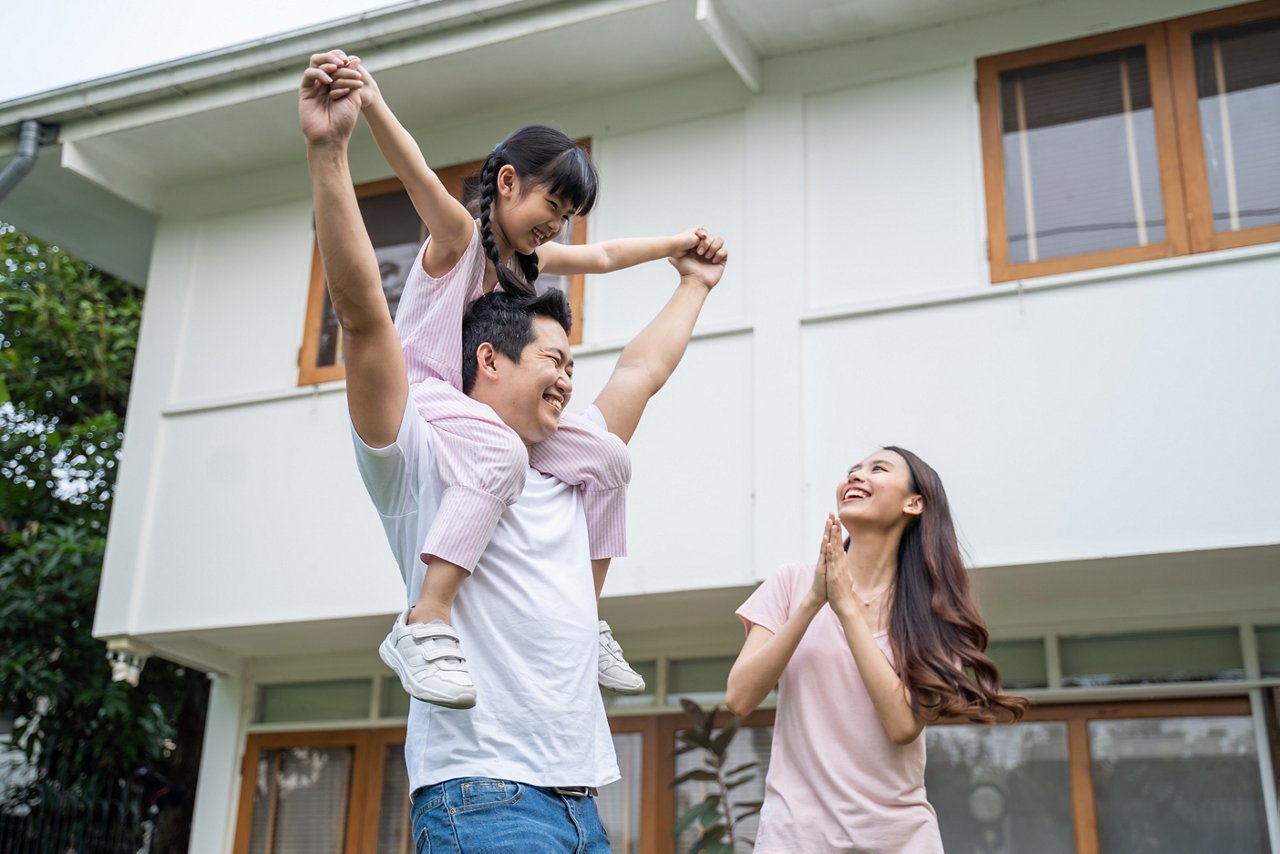 Asian Happy family parents with cute daughter outdoor having fun playing the pilot of an airplane at home. Preschool little kid sits on daddy's neck enjoy parenting relationship and activity in house.
