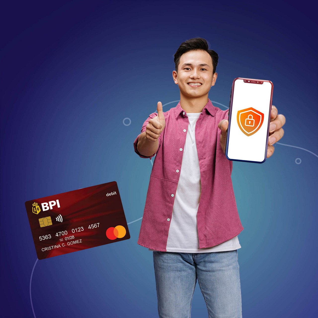 A woman holding her phone and card.