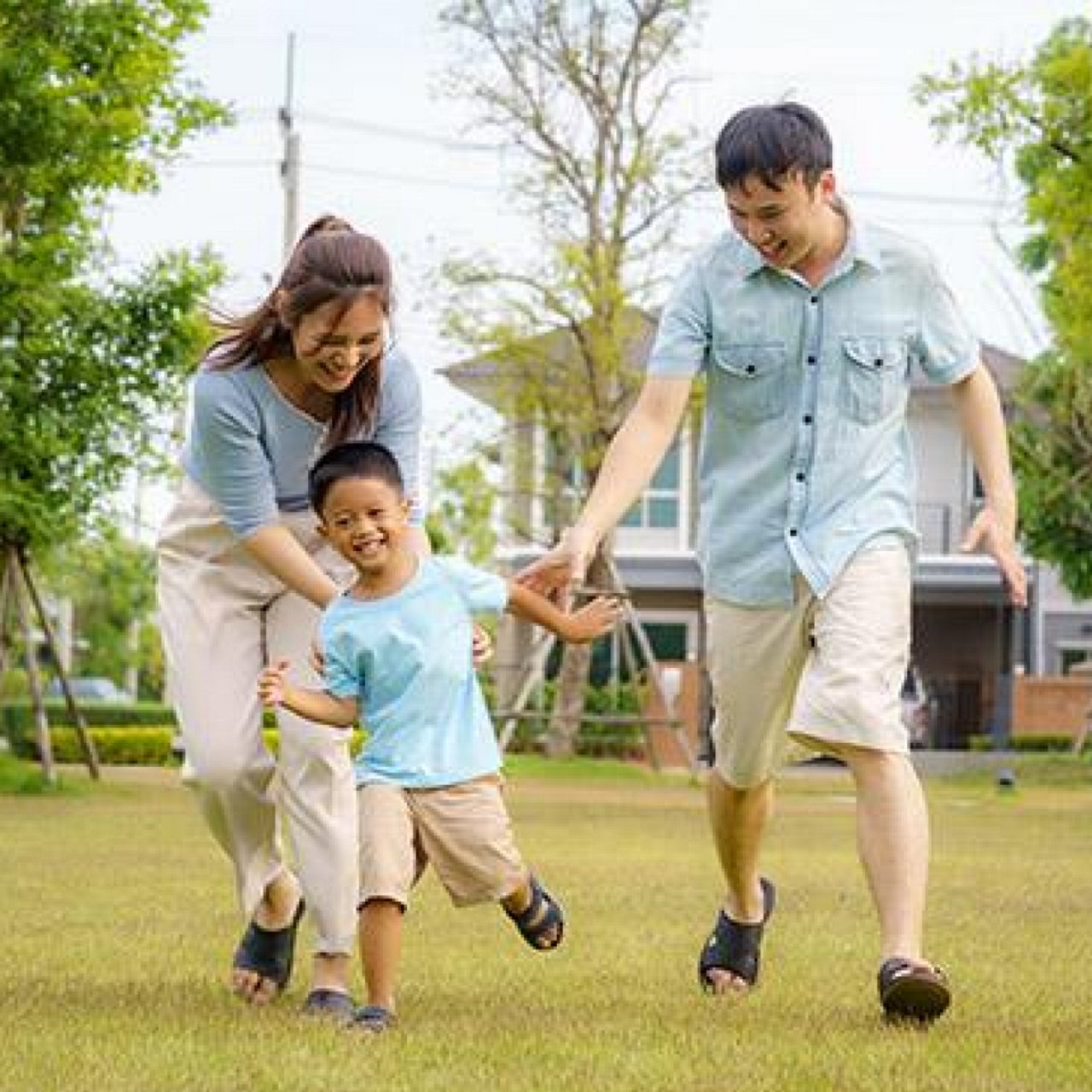 A young family enjoying their yard