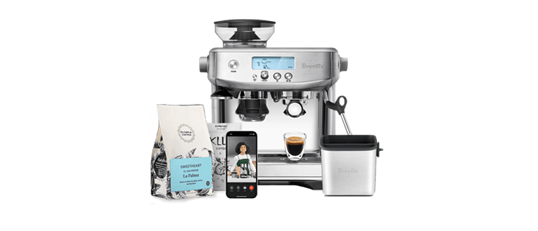 Barista Pro with Barista Kit accessories, specialty roaster coffee bag and masterclass on phone 