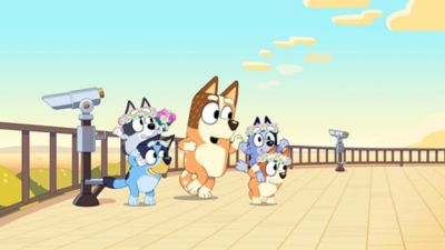 Bluey, Bingo and friends on a lookout platform in front of a city view