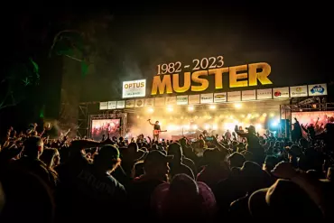 Country music artist Morgan Evans performs on the main stage at Gympie Music Muster, with crowd cheering on