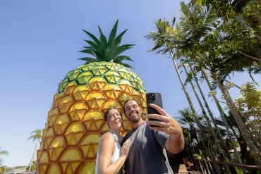 Couple taking selfie in front of The Big Pineapple landmark Couple taking selfie in front of The Big Pineapple landmark