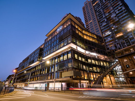 Exterior building image of 30 Hickson at nighttime 