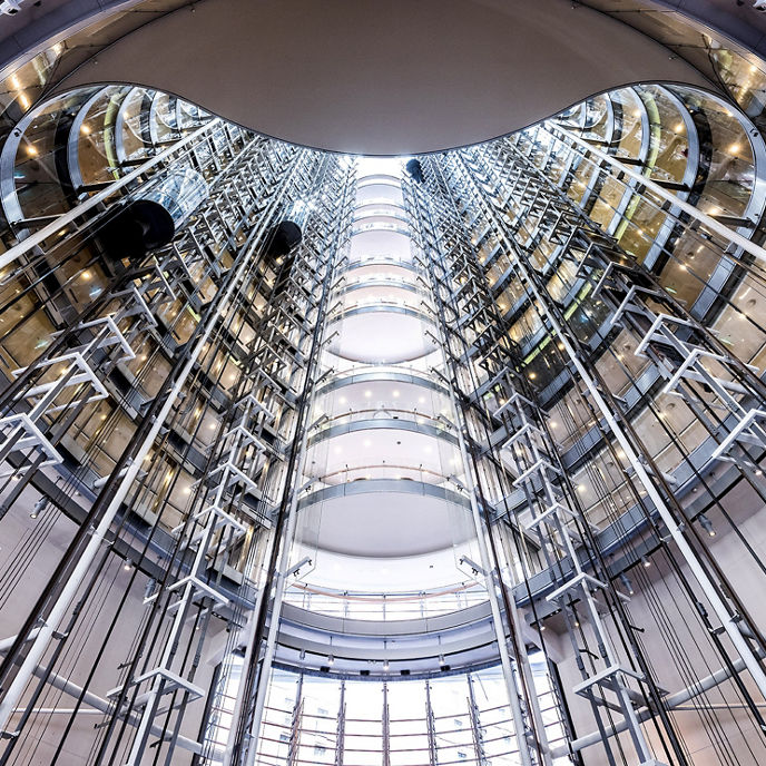 Image looking up through the 1 Bligh Street atrium toward the sky