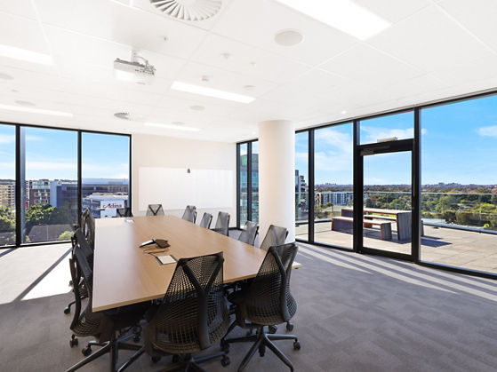 Internal image of Connect Corporate Centre office space with balcony and view over Mascot 