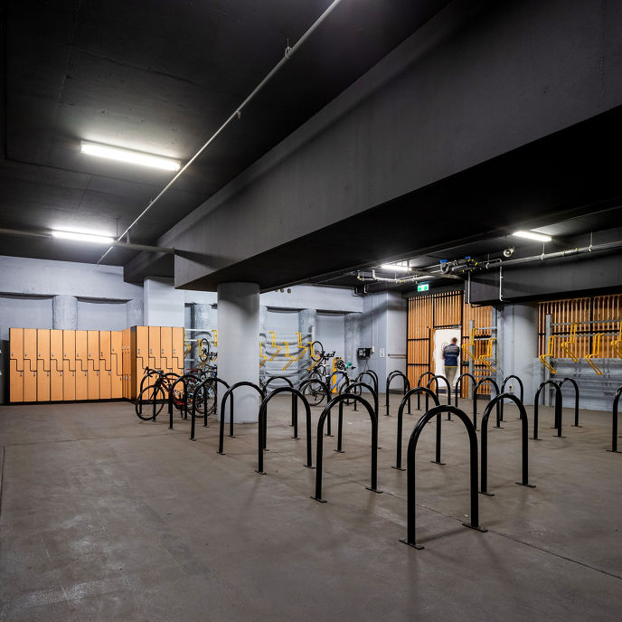 Interior image of 4 Dawn Fraser Avenue end of trip locker and bike storage space in Sydney Olympic Park 