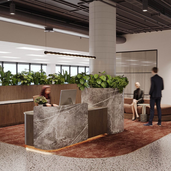 Image of kitchen and breakout space at 20 Windmill Street with views of Sydney Harbour Bridge