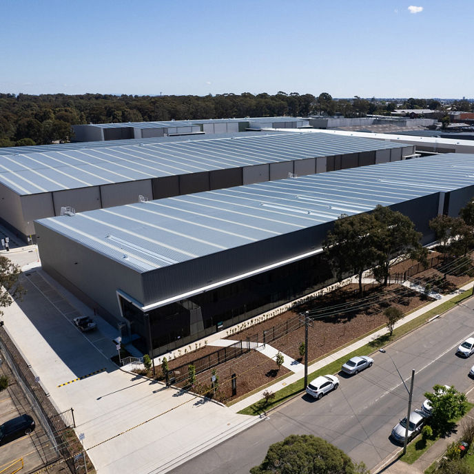 Aerial view of two industrial buildings