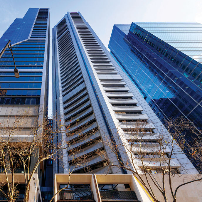 Looking up at the 80 Collins Street office tower in Melbourne 
