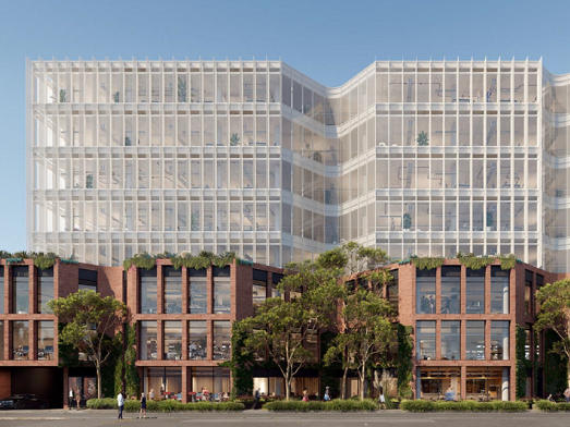 Four brown buildings with a white building built on top 