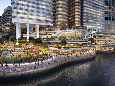 Exterior render CGI image of Waterfront Brisbane development with lower-level retail facilities, landscaping and crowds of people 