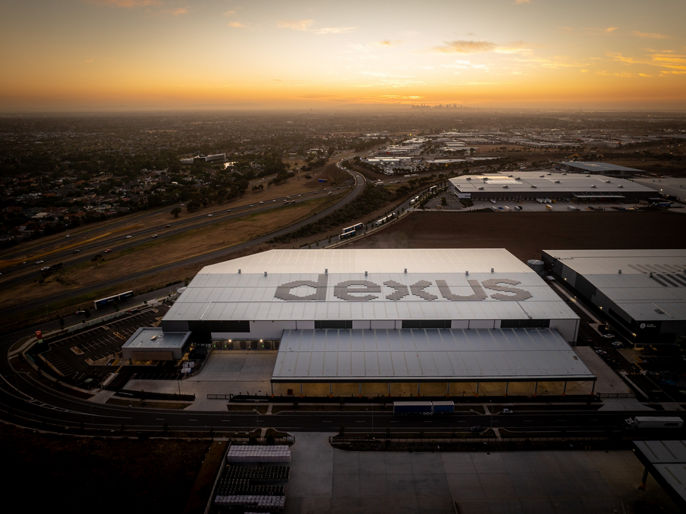 Aerial image of a warehouse with "dexus" on the roof