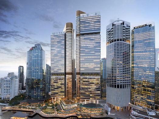 Multiple office buildings on the riverfront, showcasing the Waterfront Brisbane development 