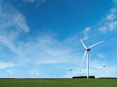 Wind turbines in a green field at Macarthur Wind Farm