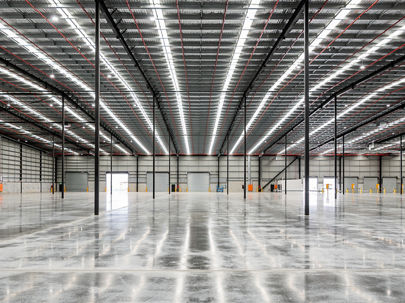 The inside of a large, bright, empty warehouse 