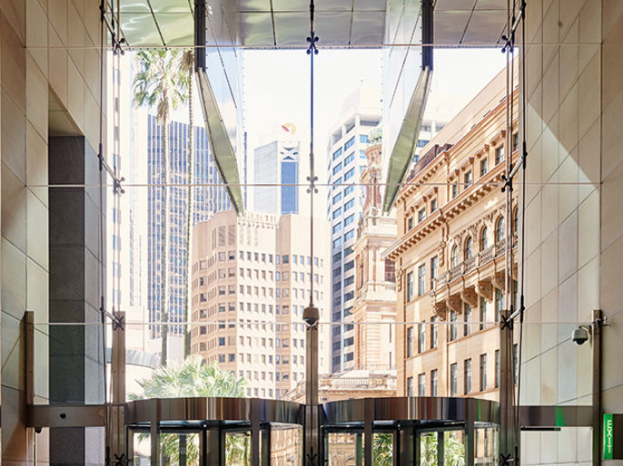 Interior image of One Farrer entry doors looking out toward the street