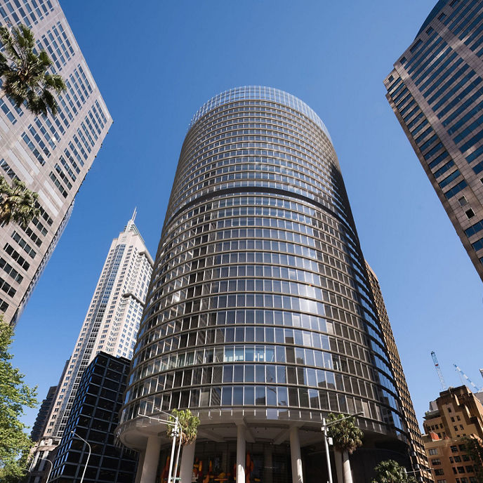 Wide angle external image of 1 Bligh Street office tower and surrounding buildings 