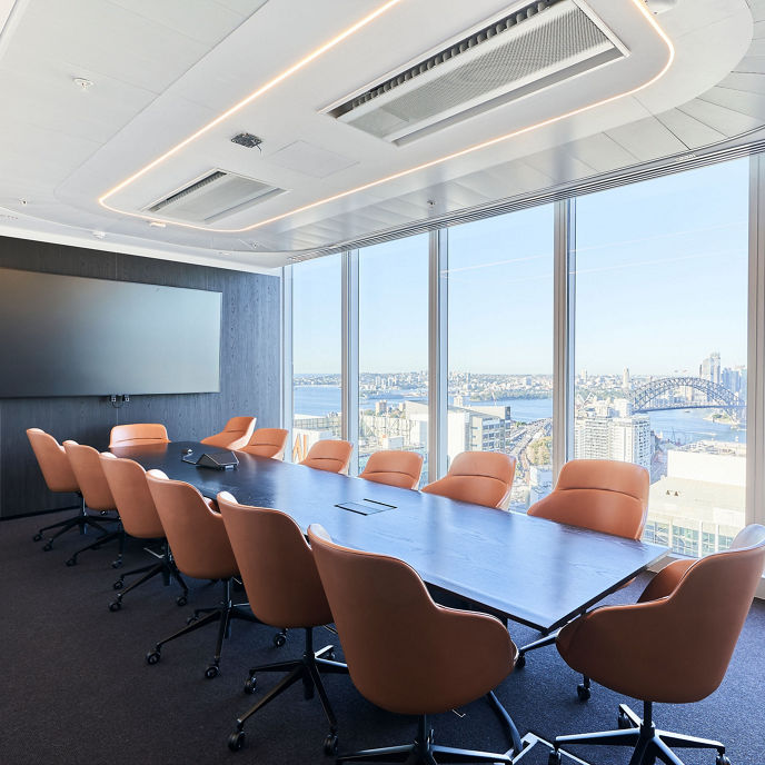 Interior image of 100 Mount Street office boardroom with expansive views of Sydney Harbour and CBD 