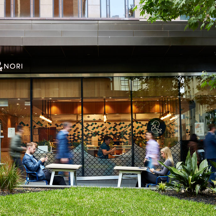Customers seated outdoors at sushi restaurant connected to 360 Collins Street 