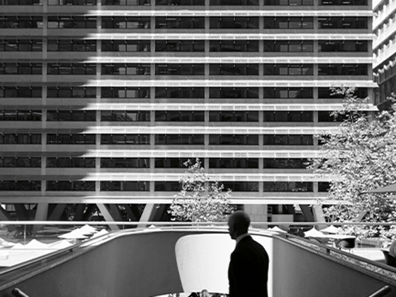 Exterior black and white image of Australia Square Plaza staircase 