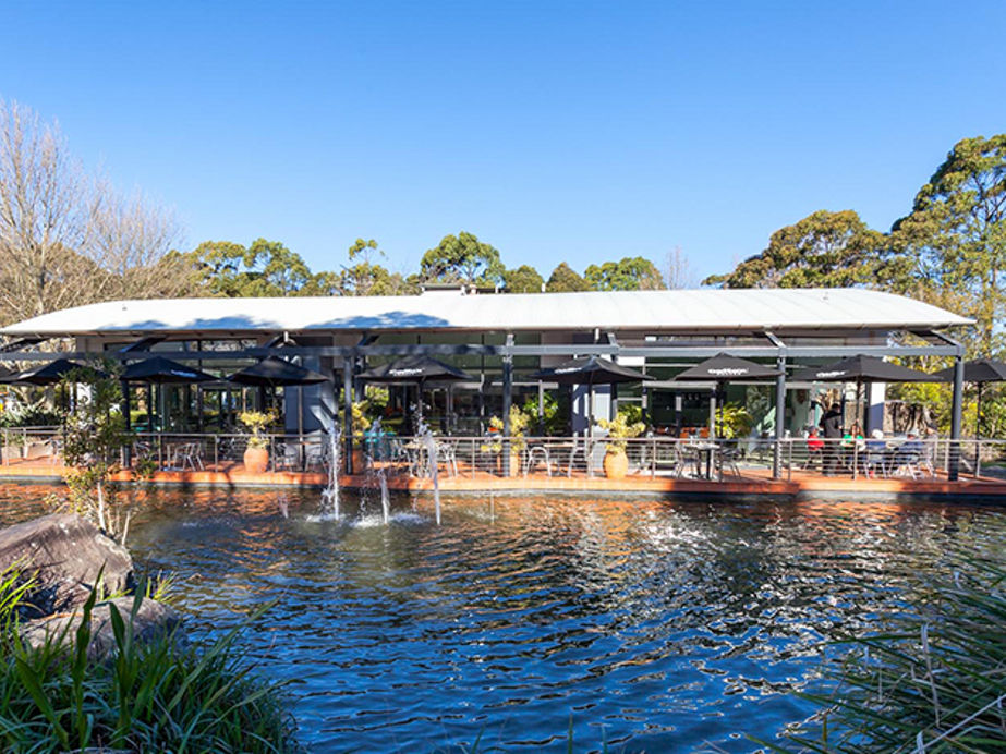 Exterior image of Lakes Business Park cafe and koi pond