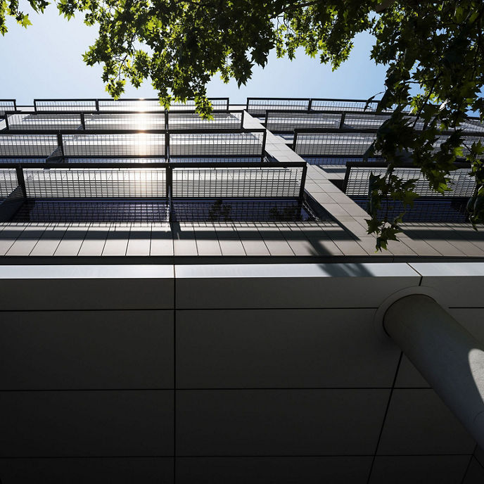 Image from the ground looking up at Bond One on sunny day