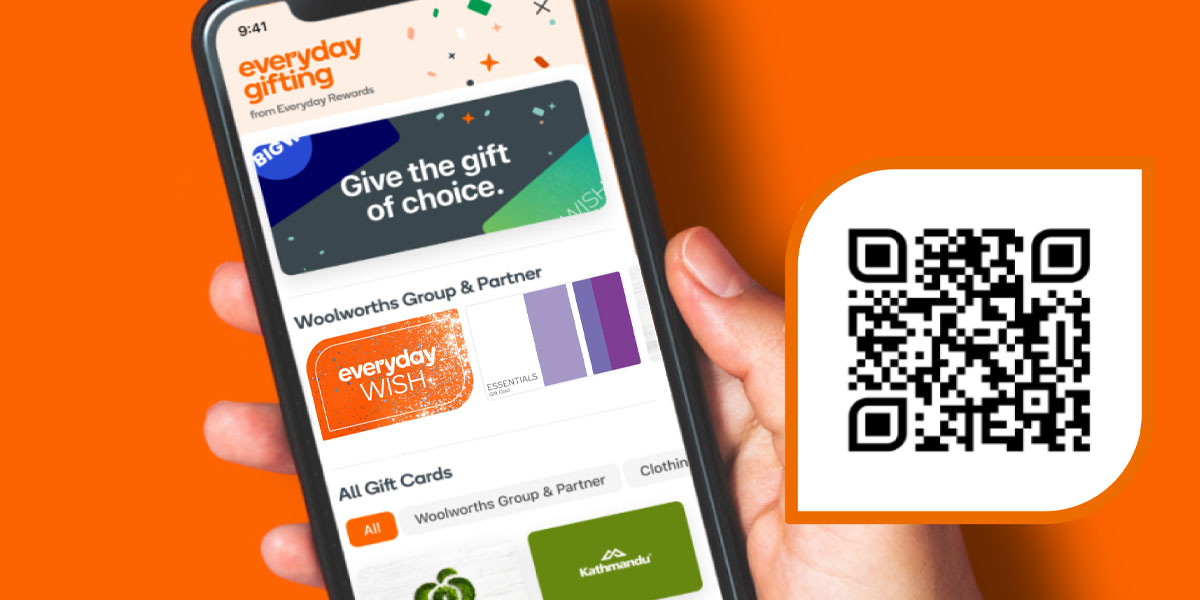 A hand holding a smartphone displaying the Everyday Gifting page, and a QR code shown to the right.