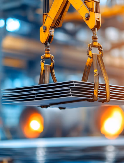 Aluminum steel and production factory. Heavy machinery lifting metal sheets in an industrial setting with warm lighting.