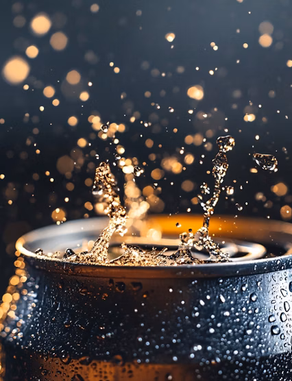 Unique Perspective of a Fizzing Soda Can Creating an Energetic Spray