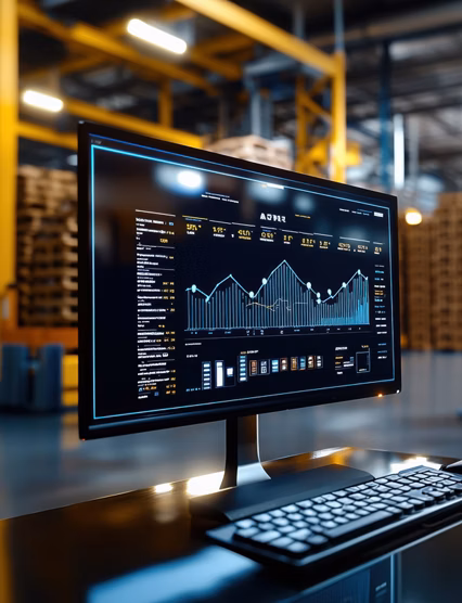 A sophisticated warehouse scene featuring a digital monitor with data analysis software, highlighting advanced logistics management with a forklift in the background.