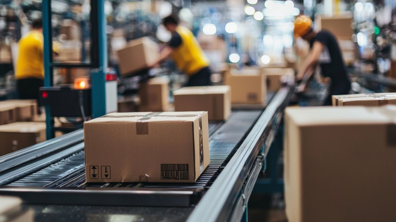 Modern fulfillment center with workers sorting boxes on conveyor line representing ecommerce shipping and logistics process.