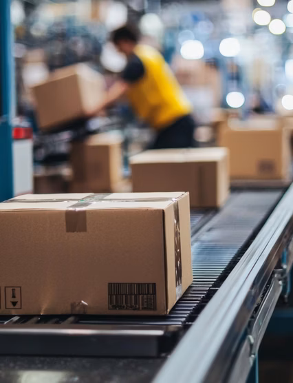 Modern fulfillment center with workers sorting boxes on conveyor line representing ecommerce shipping and logistics process.