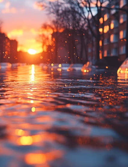 Sunset floods city street, cars submerged.