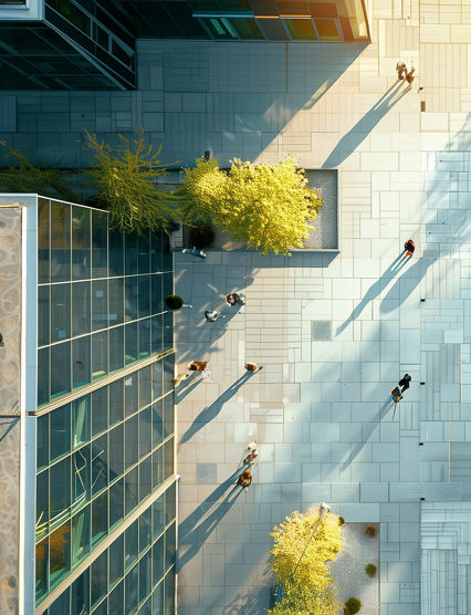 aerial view of people walking on esplanade of financial district with trees, surrounded by buildings, green and gray, concrete, top down view of employees walking, drone view on city dowtown