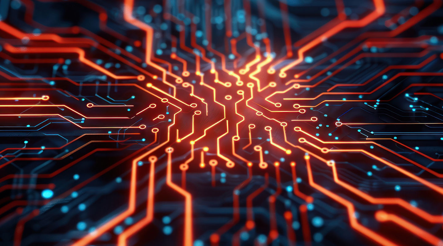 A glowing computer processor on a circuit board. A close-up the intricate details of the technology are highlighted by the warm, orange light.