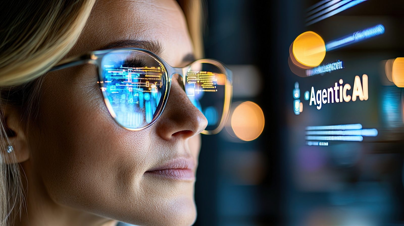 A businesswoman analyzes data with a digital AI assistant, reflecting modern technology and innovative solutions in the corporate workspace.