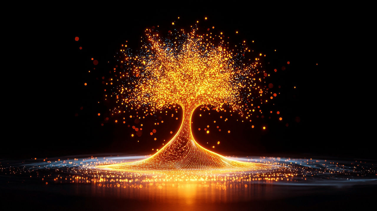 Witness the agentic evolution of AI depicted as a luminous tree symbolizing growth in a digital cosmos.