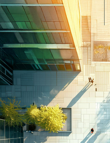 aerial view of people walking on esplanade of financial district with trees, surrounded by buildings, green and gray, concrete, top down view of employees walking, drone view on city dowtown