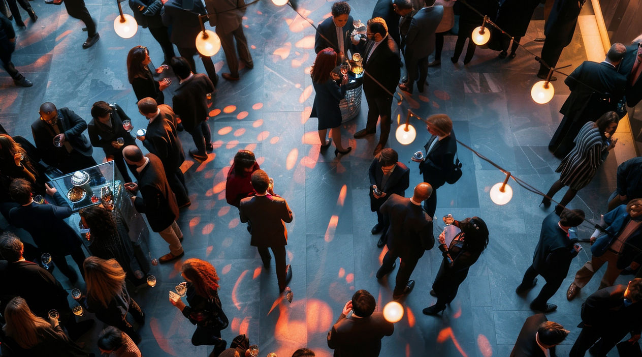 A dynamic image featuring London's best nightlife locations, emphasizing popular bars, clubs, and evening entertainment options, A corporate event with people networking and mingling. AI generated