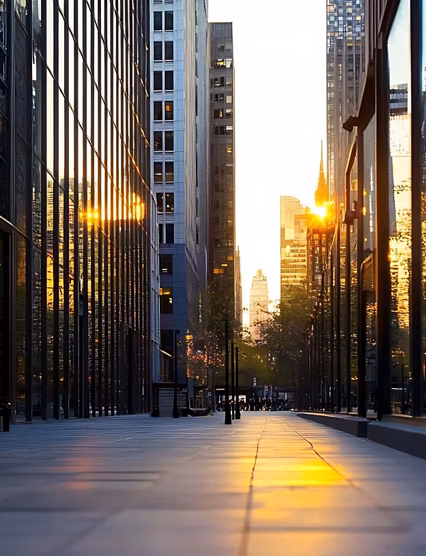 Stunning sunset reflection in urban skyline with skyscrapers and glass surfaces illuminated by warm light : Generative AI